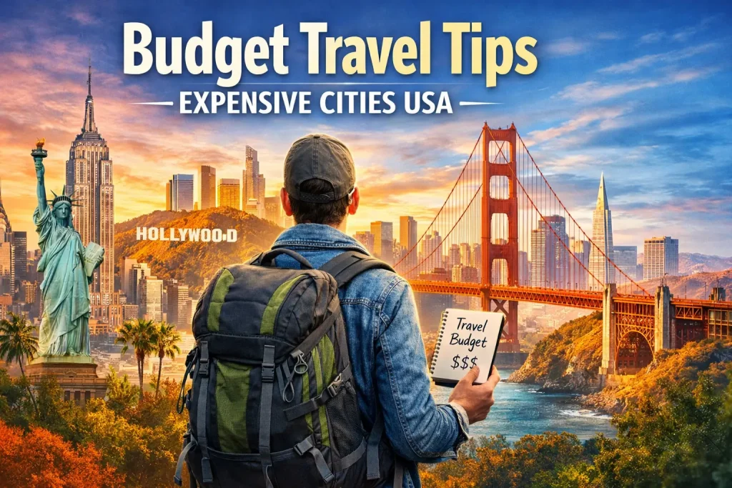 budget travel tips expensive cities USA guide with NYC LA SF skyline