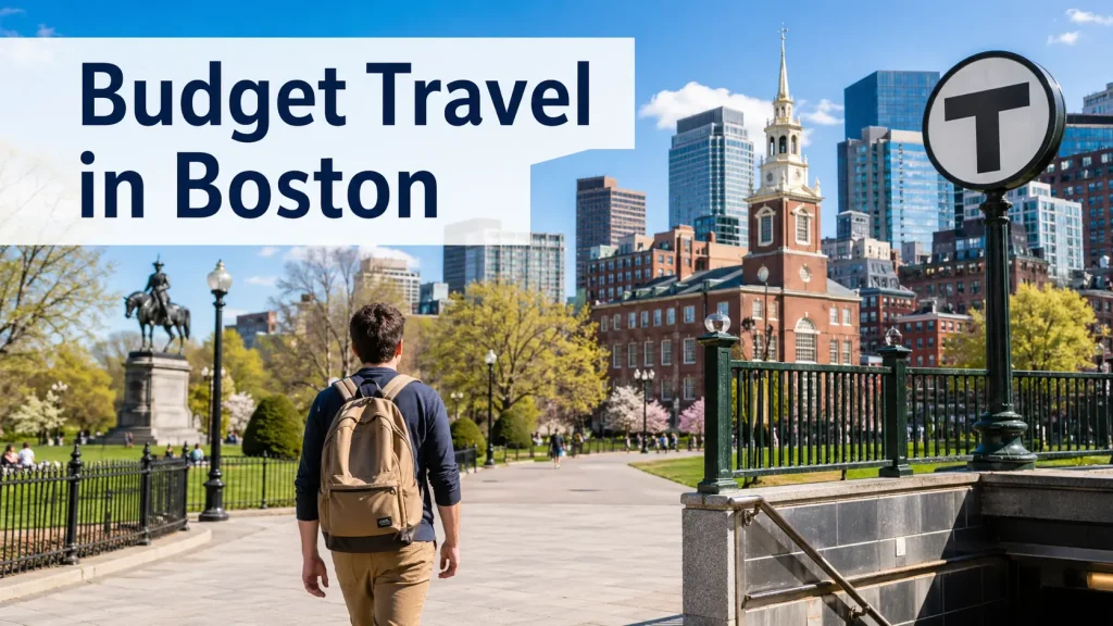 Budget travel in Boston with a traveler exploring Boston Common and historic city streets