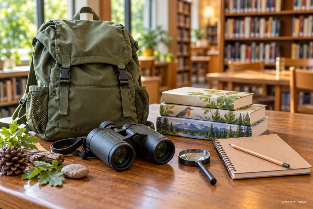 Illustrative nature exploration kit with backpack, binoculars, field guides and journal.