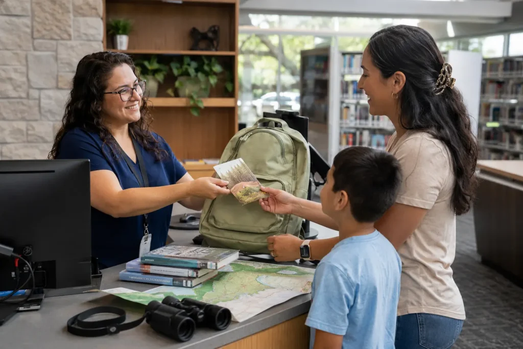 Librarian lending a state park pass and nature backpack to a Texas family