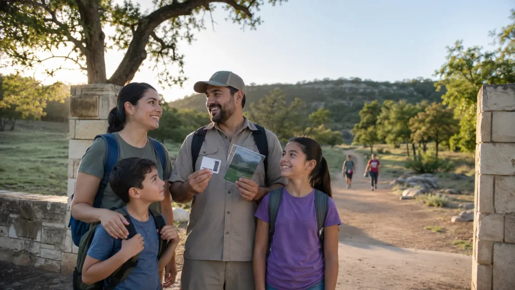 Family entering a Texas state park with a library-borrowed park pass