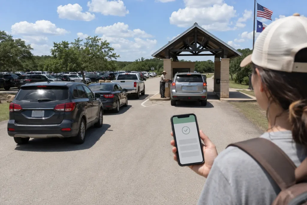 Busy Texas state park entrance requiring advance day-use reservations