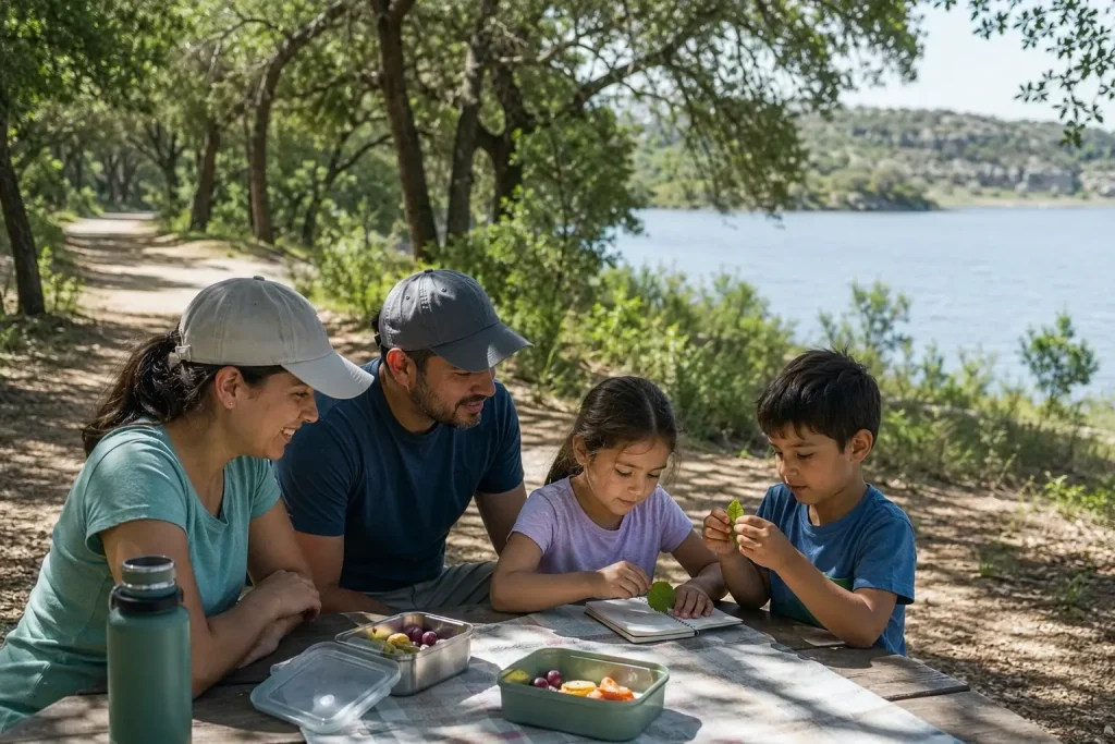 Family enjoying a picnic and nature activity at a Texas state park
