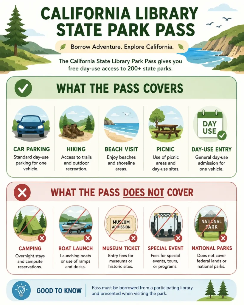 What the California library state park pass covers and does not cover