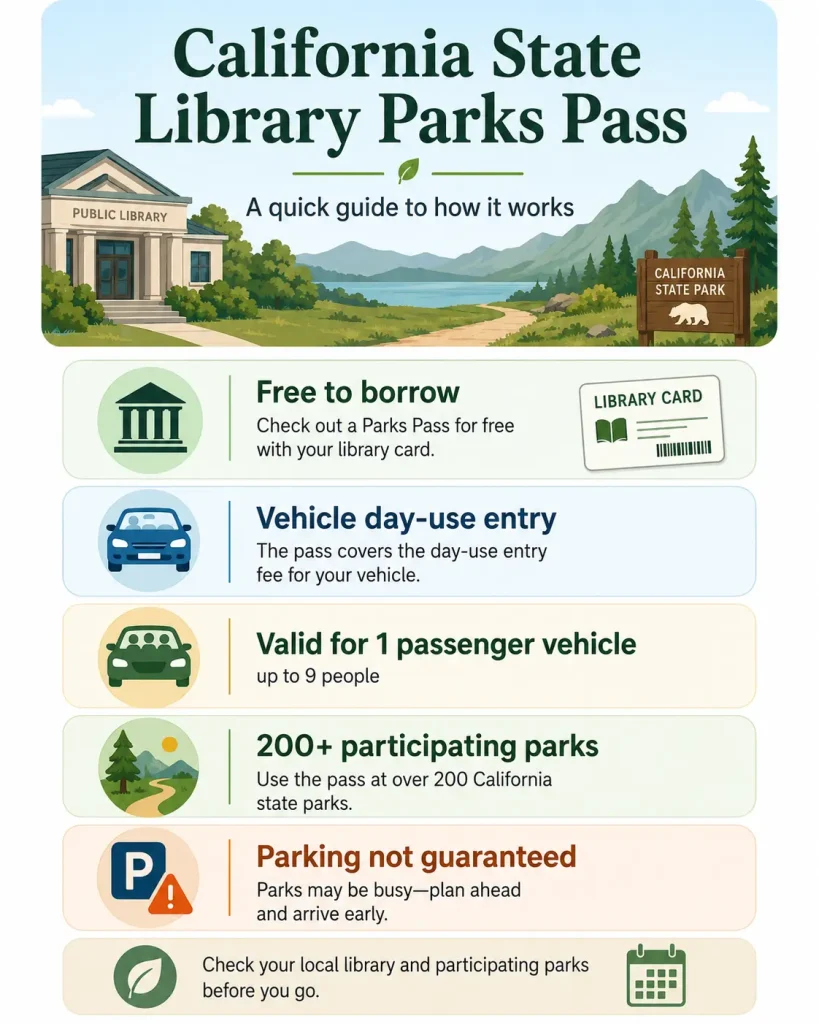 Infographic explaining how the California State Library Parks Pass works
