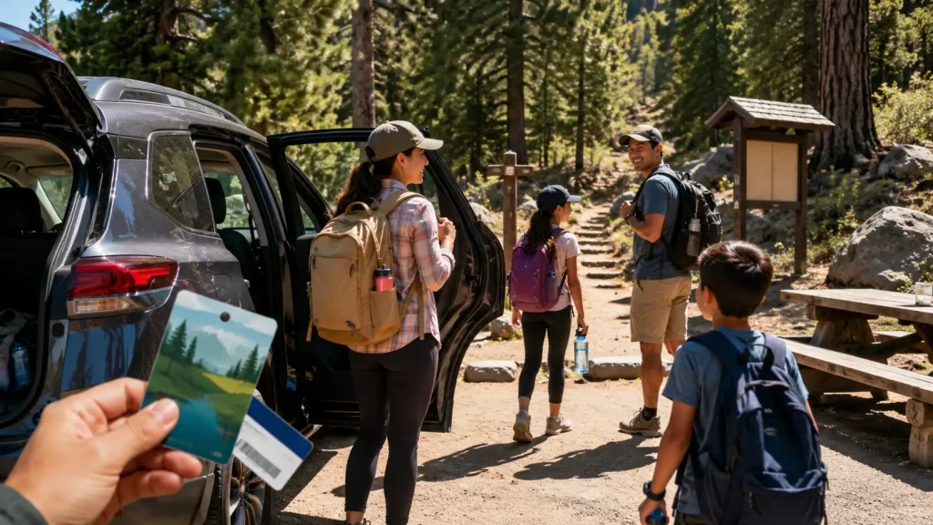 Family using a free library park pass for a California state park day trip