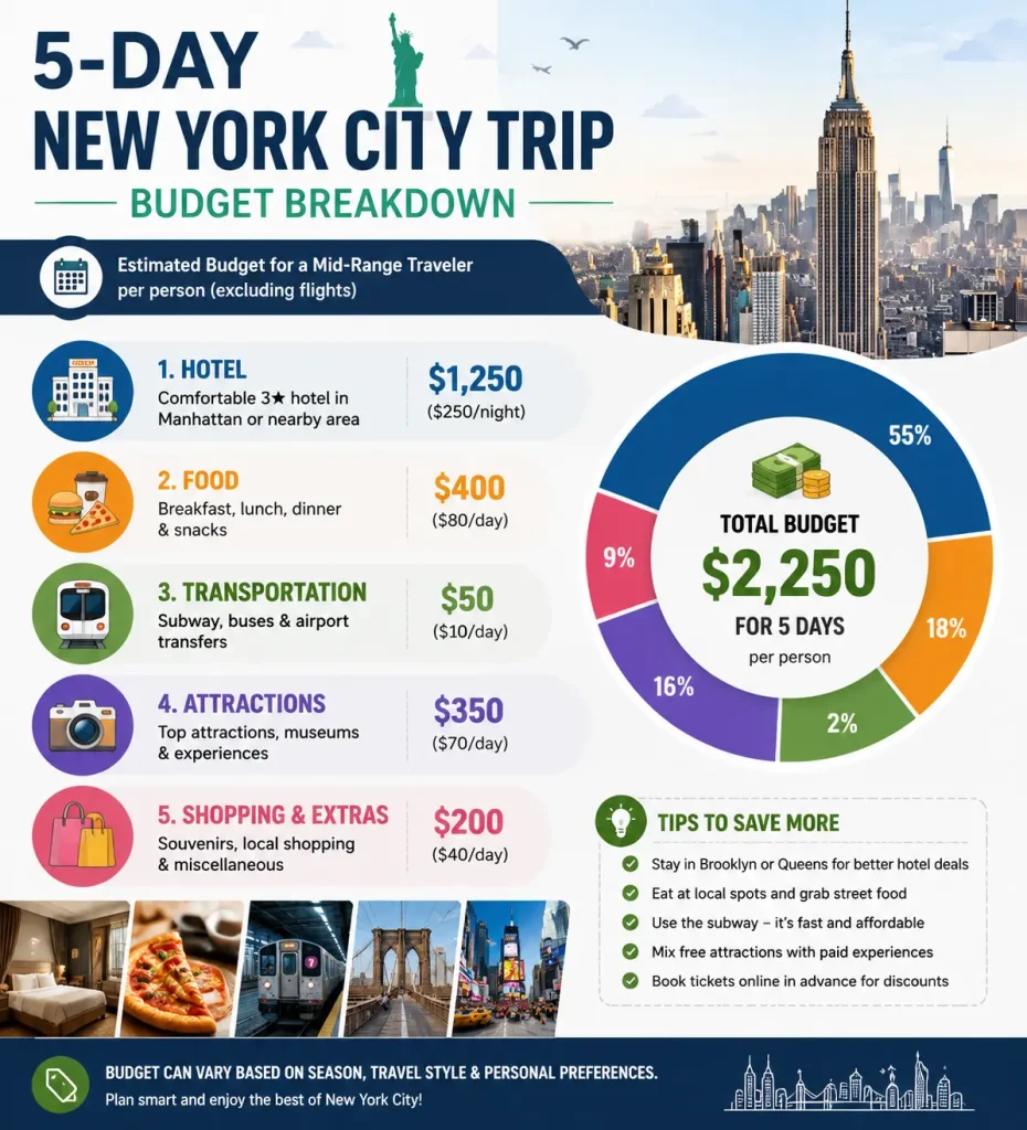 Five-day New York trip cost breakdown by travel expense category