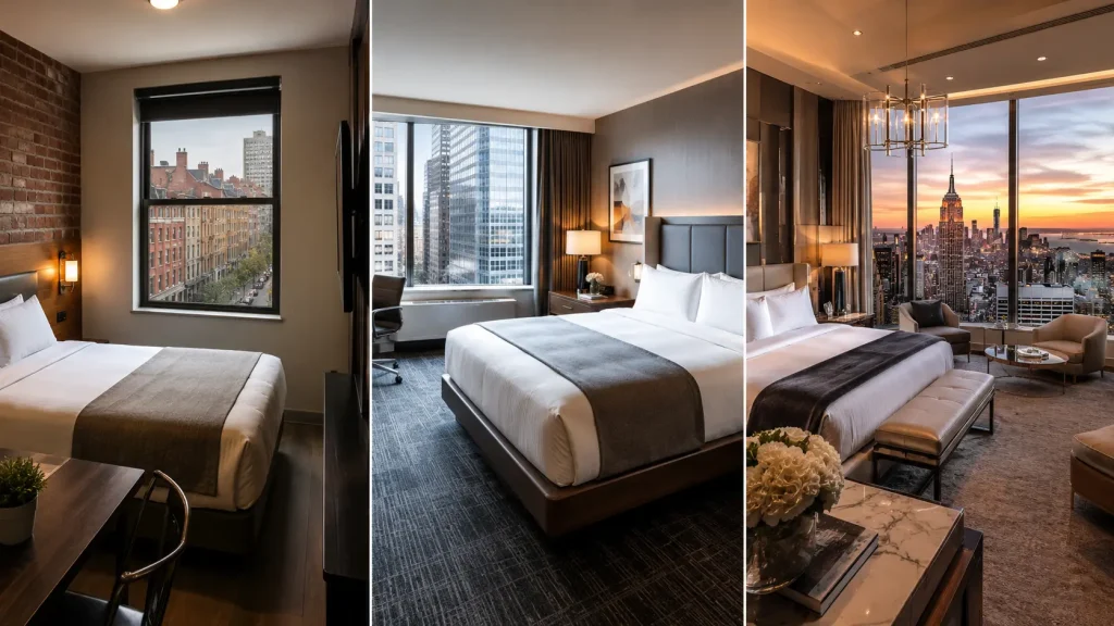 Comparison of budget, mid-range, and luxury hotels affecting New York trip cost