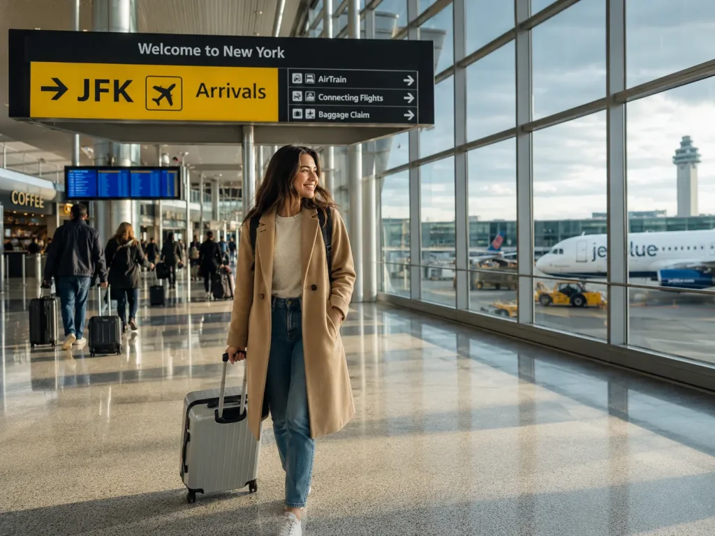 Traveler arriving at JFK Airport during a New York vacation