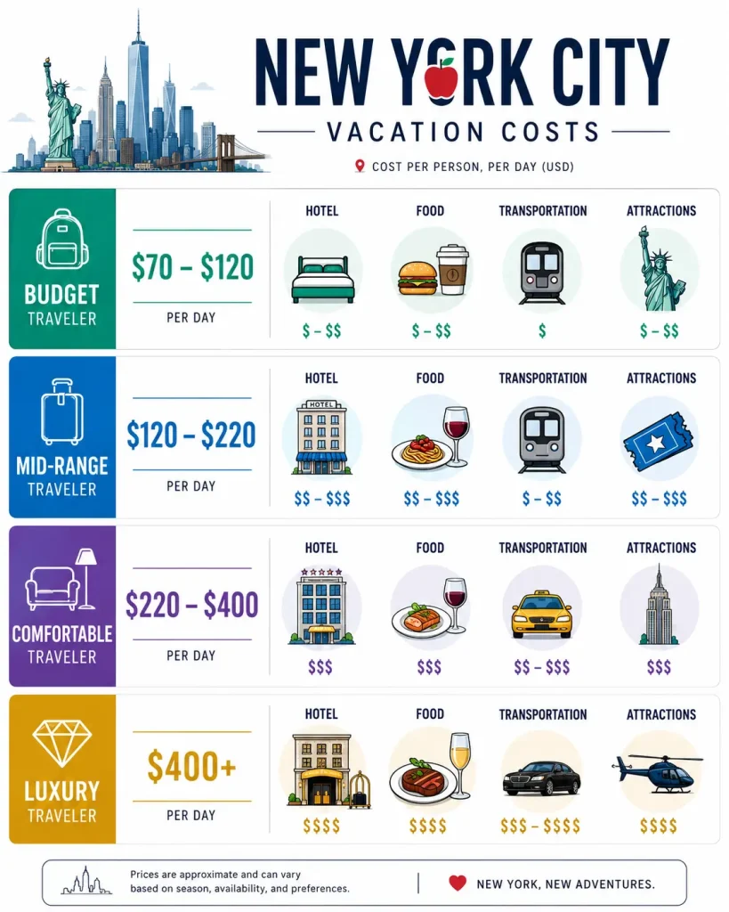 New York trip cost comparison infographic for budget and luxury travelers