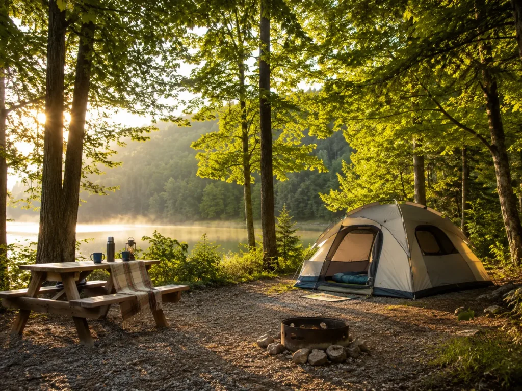 Camping in New York State Parks with tent and forest setting