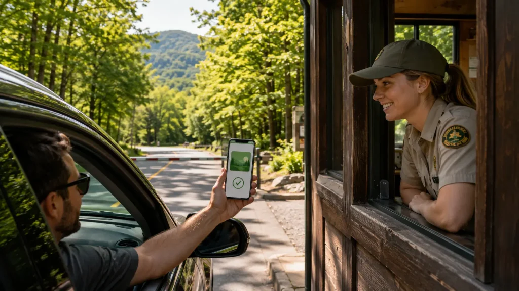 Visitor showing a digital park pass at a New York State Park entrance