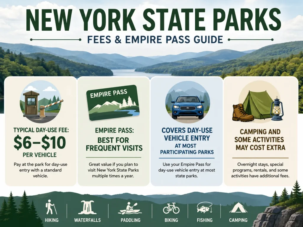 New York State Parks fees and Empire Pass simple infographic