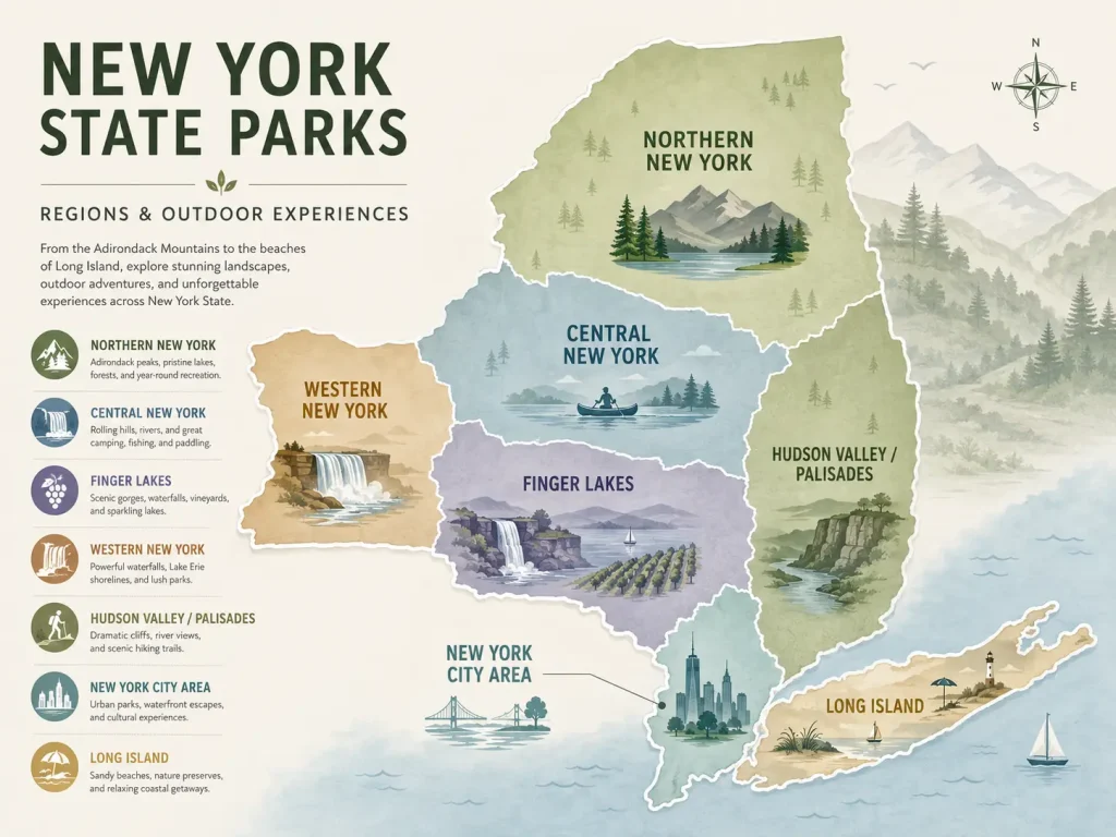 Map style graphic showing New York State Parks regions