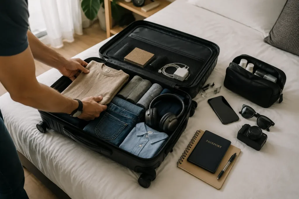 Traveler packing suitcase with essentials before a flight