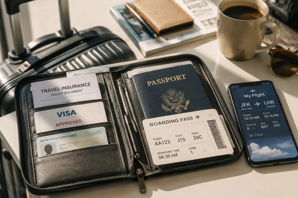 Passport boarding pass and travel documents prepared before a flight