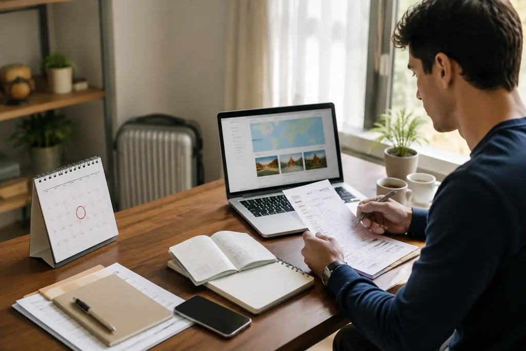 Traveler preparing documents and travel plans seven days before a flight