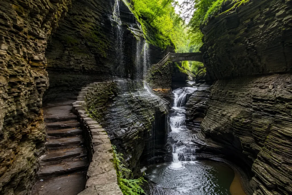 Watkins Glen State Park gorge trail with waterfalls and stone steps