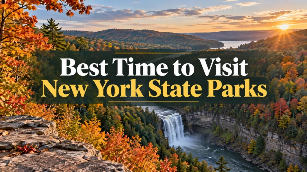 Best Time to Visit New York State Parks with autumn scenery, waterfall, and colorful forest landscape