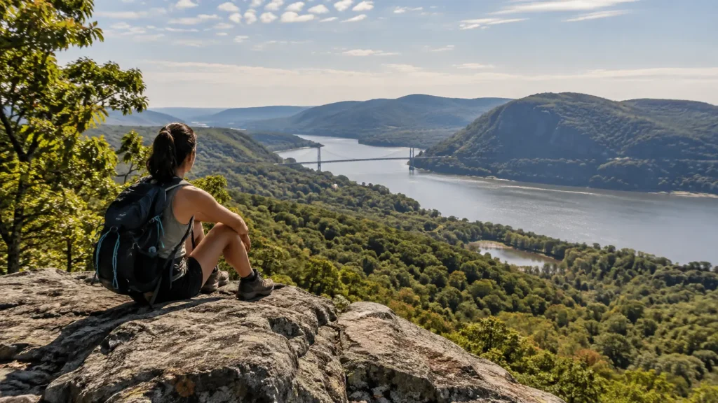 Bear Mountain State Park hiking trail overlooking Hudson River in New York