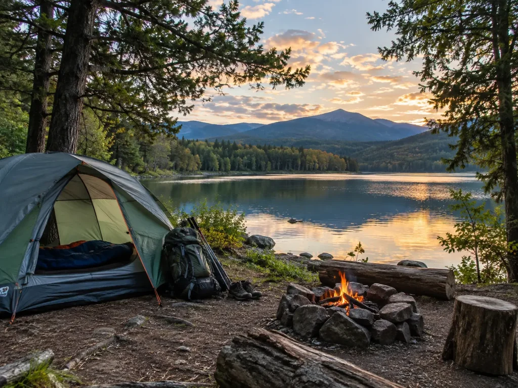 Beautiful New York State Parks camping landscape with forest and lake