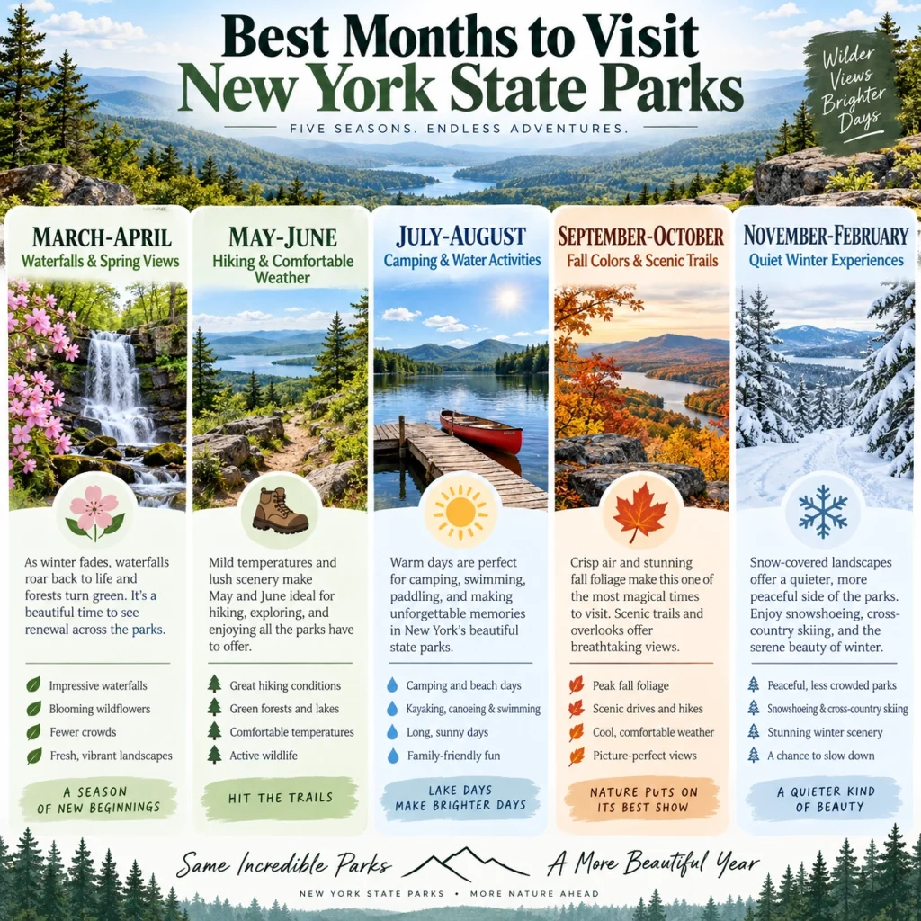 Best months to visit New York State Parks infographic showing seasonal activities