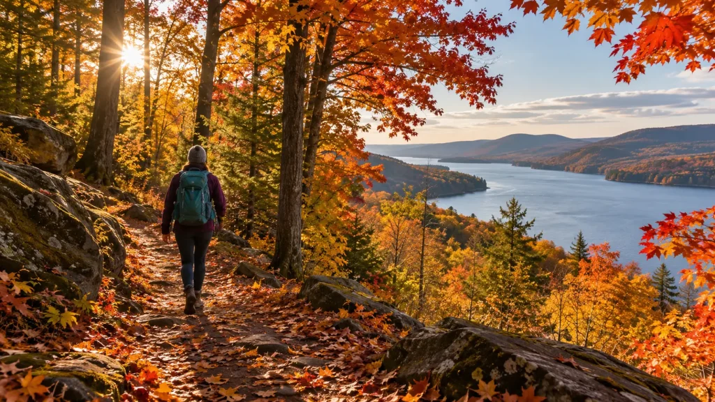 Fall hiking trail in New York State Parks with colorful autumn trees