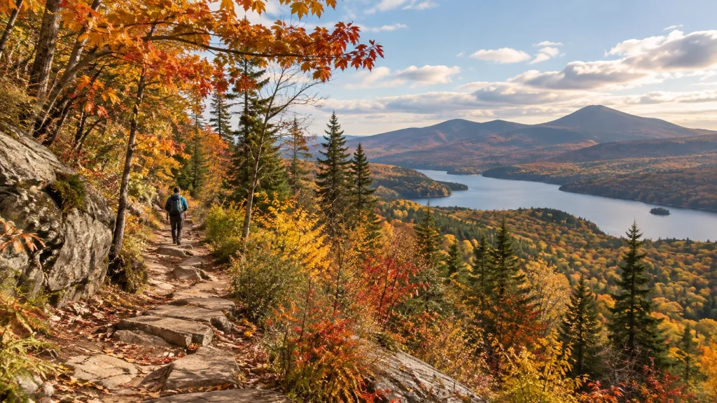 Hiking trail surrounded by colorful autumn trees in New York State Parks