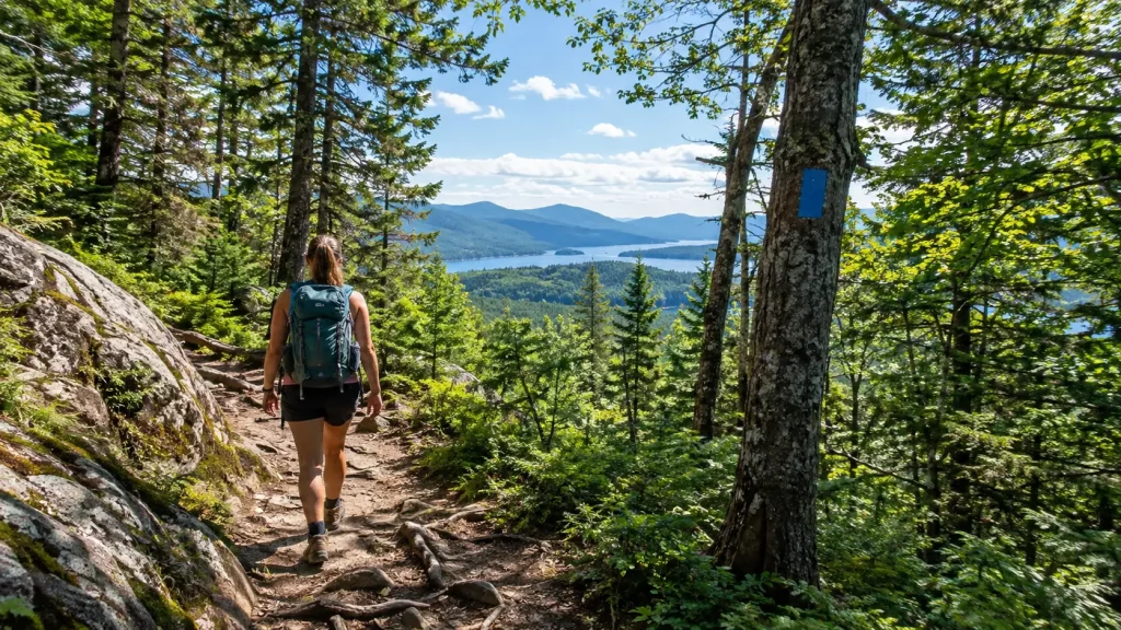 Hiker walking on a marked trail in New York State Parks surrounded by forest scenery