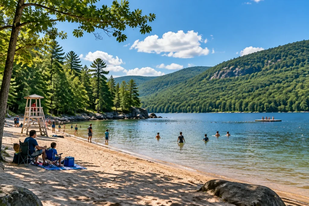 Lake Welch Beach at Harriman State Park with freshwater swimming and forest views