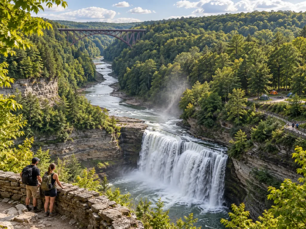 Letchworth State Park camping area with waterfall and scenic canyon view