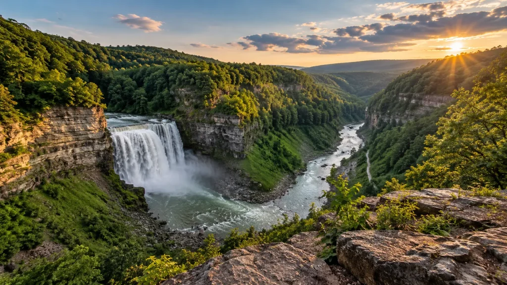 Letchworth State Park hiking trails with canyon views and waterfalls