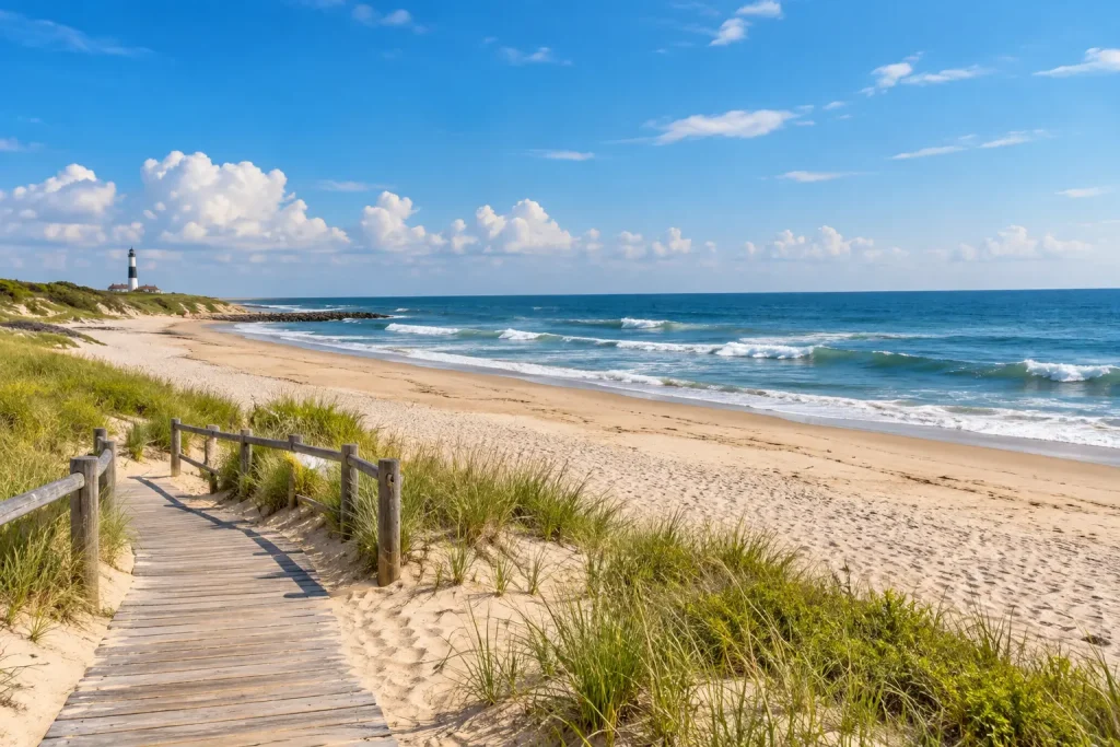 Sandy beach and Atlantic Ocean at a Long Island state park in New York