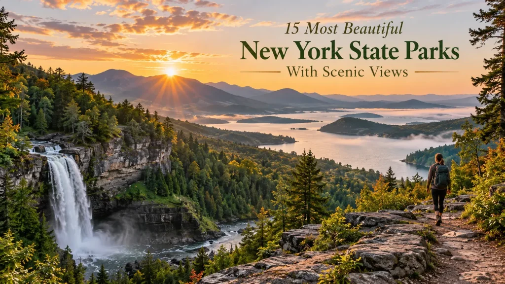 Most Beautiful New York State Parks with scenic views, waterfalls, forests, and natural landscapes