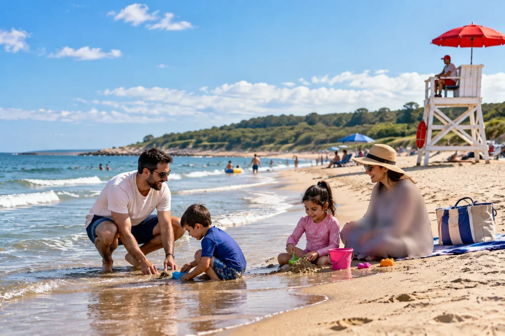 Family swimming safely at a New York State Park beach with lifeguard area