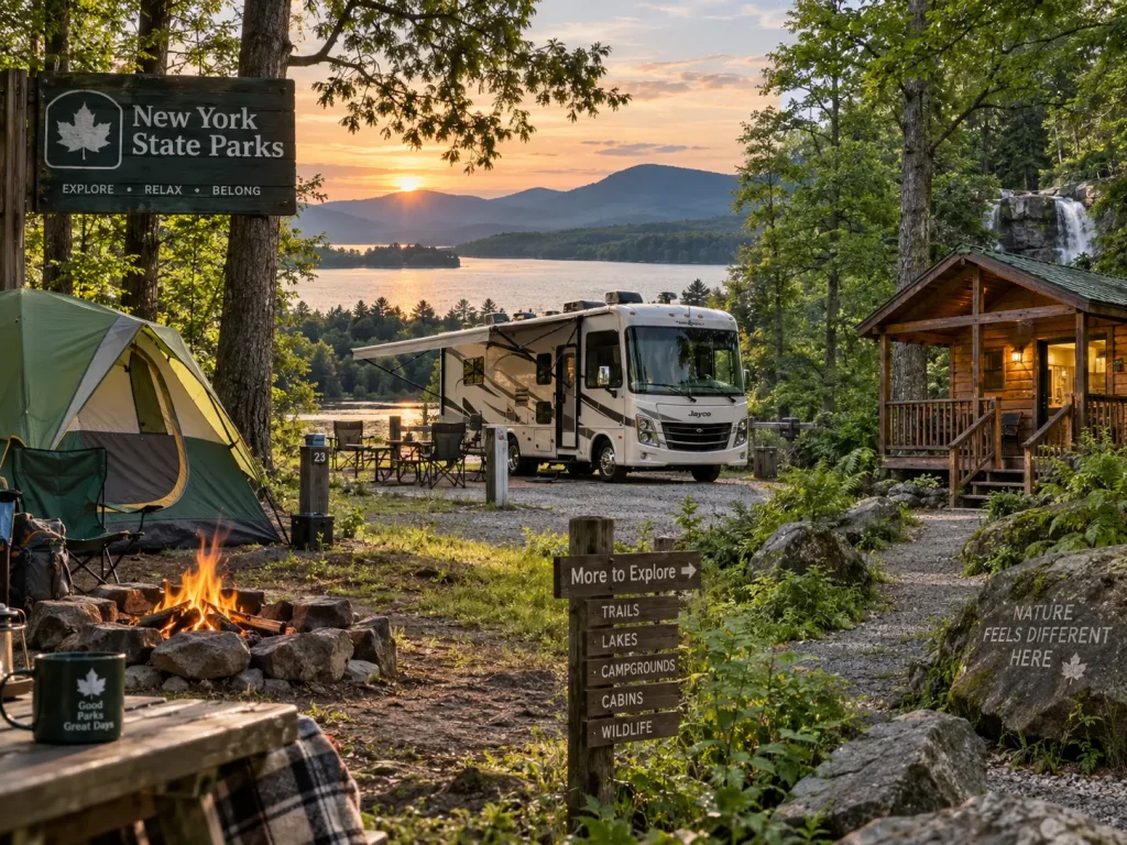 Different types of New York State Parks campgrounds including tent RV and cabin camping