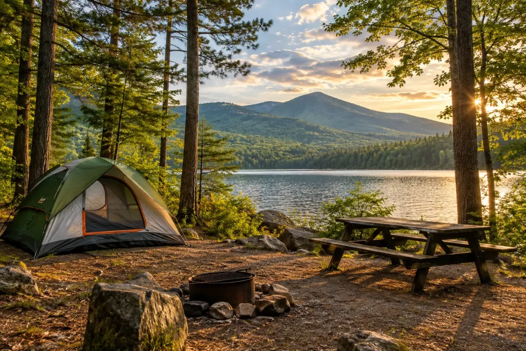 Peaceful campsite beside a lake in a New York State Park