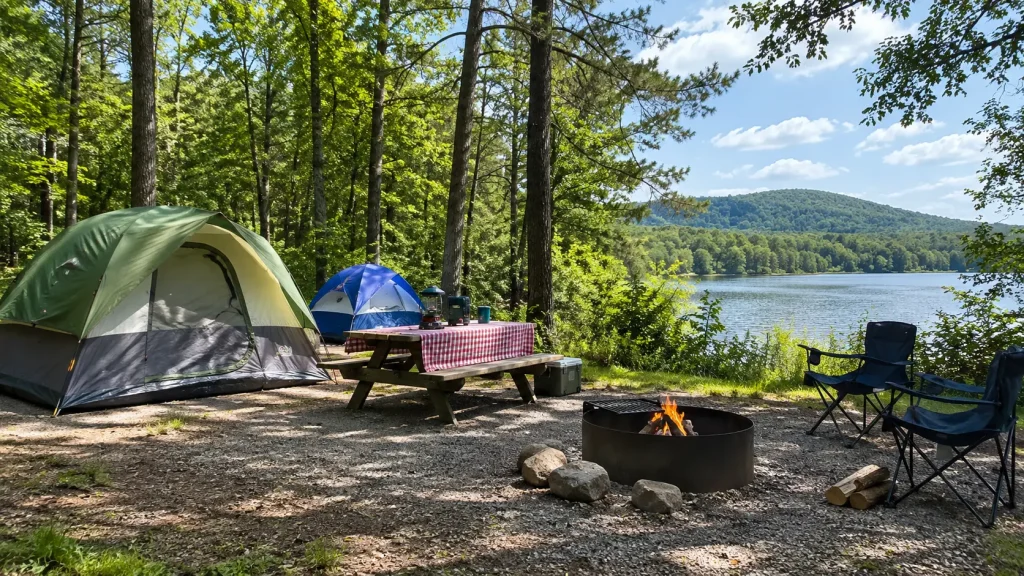 New York State Park camping area showing tents, trees, and outdoor rules for campers