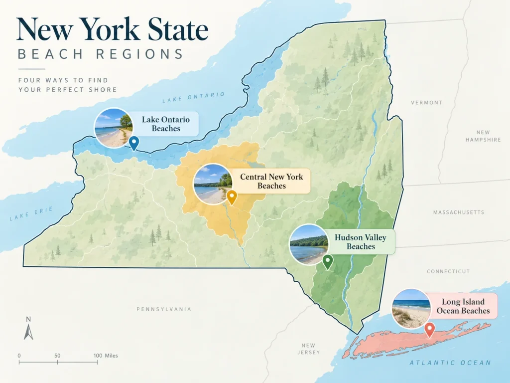 Map showing locations of New York State Parks Beaches by region
