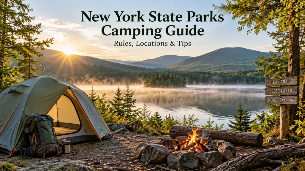New York State Parks Camping Guide with tent near a scenic lake and forest