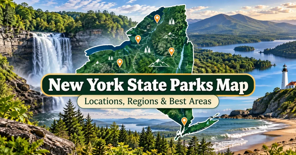 New York State Parks Map showing park locations, regions, waterfalls, mountains, lakes, and coastal areas across New York