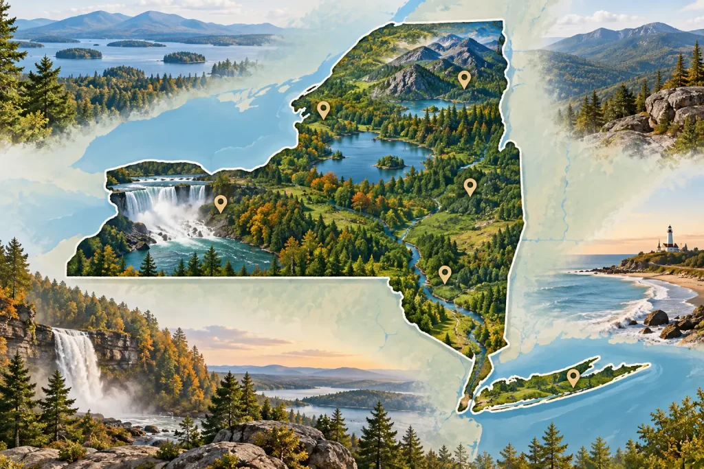 Illustrated New York State Parks map showing park regions and locations across the state