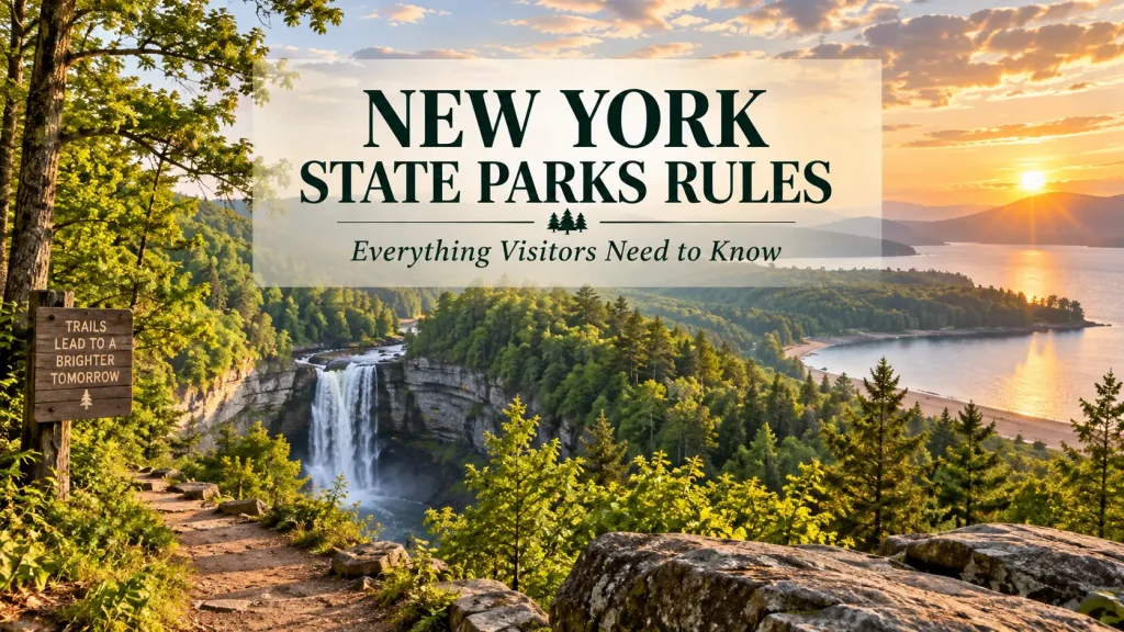 New York State Parks Rules guide showing scenic trails, waterfall, forest, and lake landscape for visitors