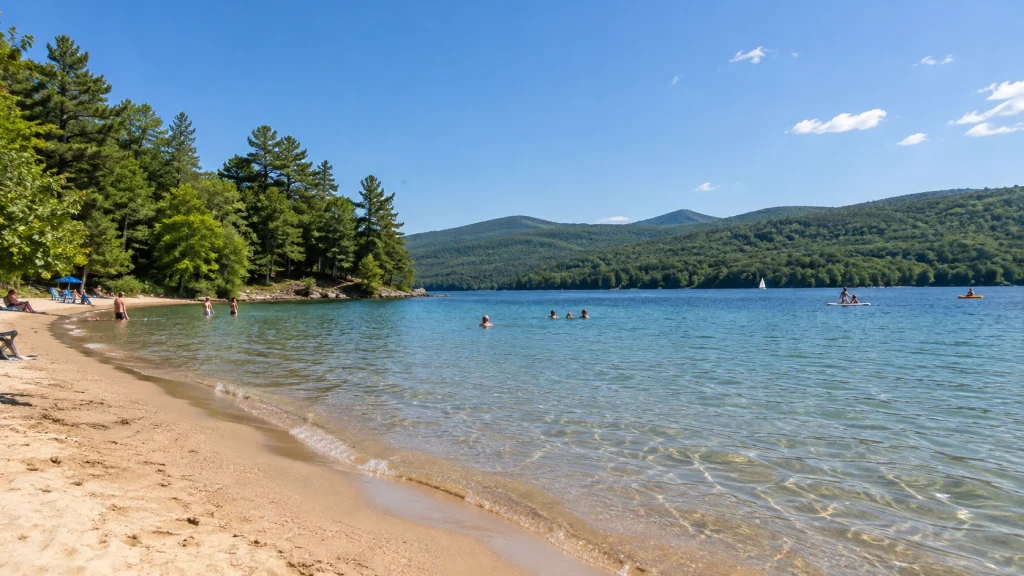Beautiful lake beach area inside New York State Parks during summer