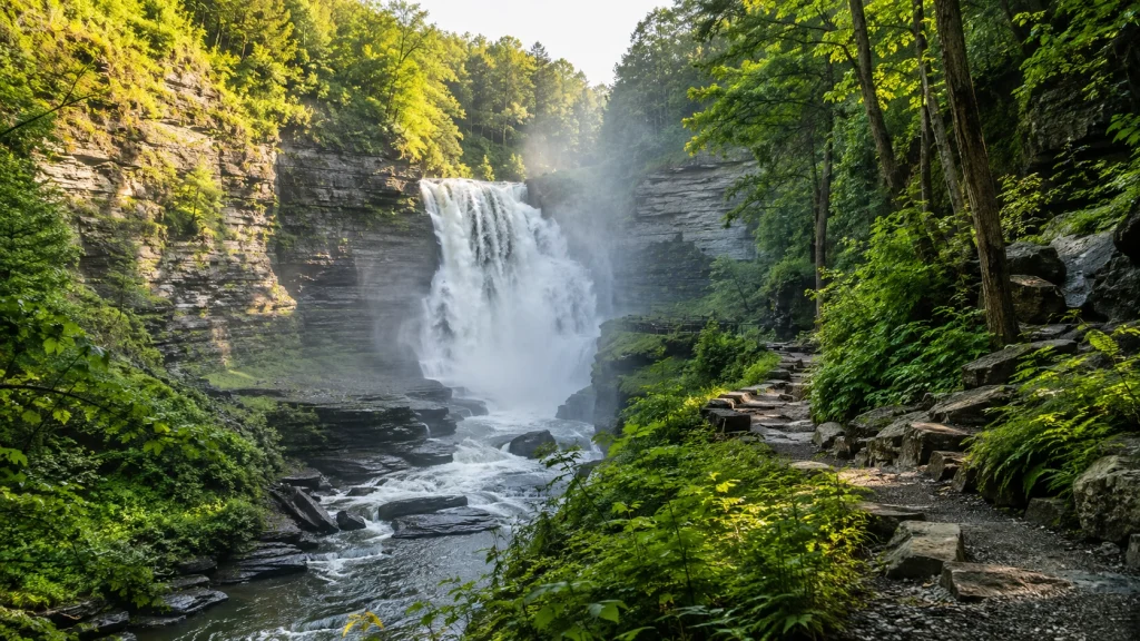 Beautiful waterfall hike in New York State Parks during spring season