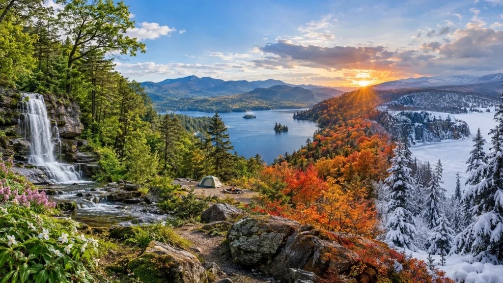 New York State Parks seasons showing spring, summer, fall, and winter landscapes