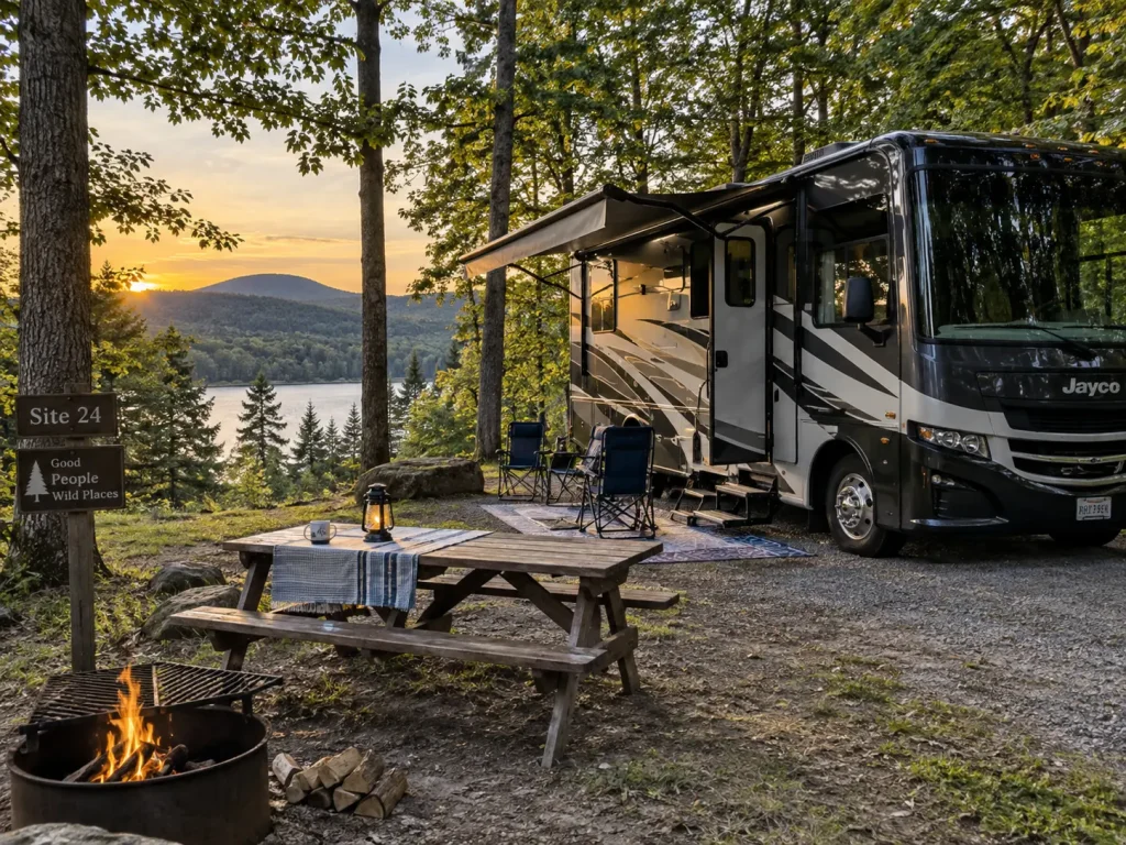 RV camping site in New York State Parks surrounded by nature