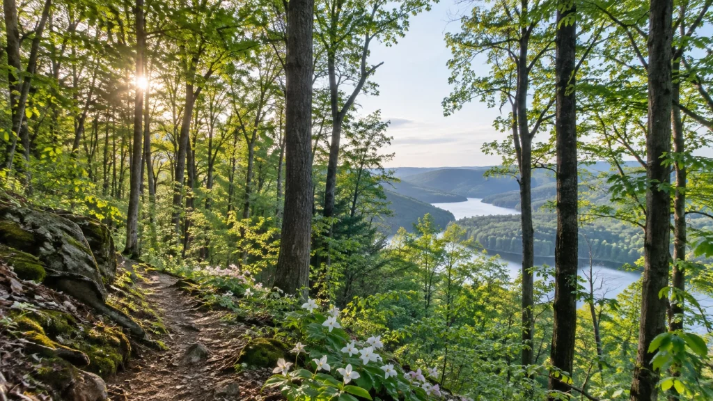 Spring landscape with green forests and hiking trails in New York State Parks