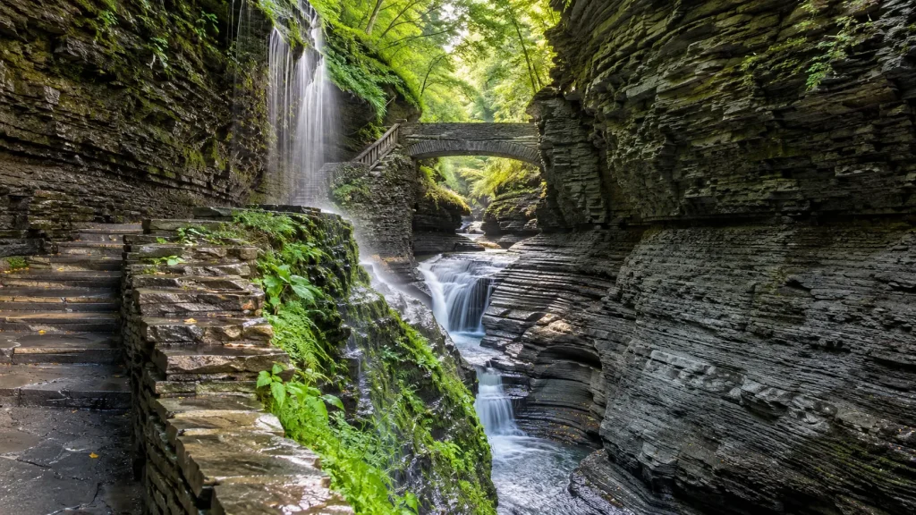 Watkins Glen Gorge Trail with waterfalls in New York State Park