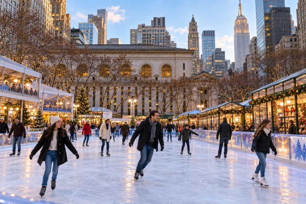 Christmas illustration of Bryant Park Winter Village with skaters and illuminated holiday stalls.